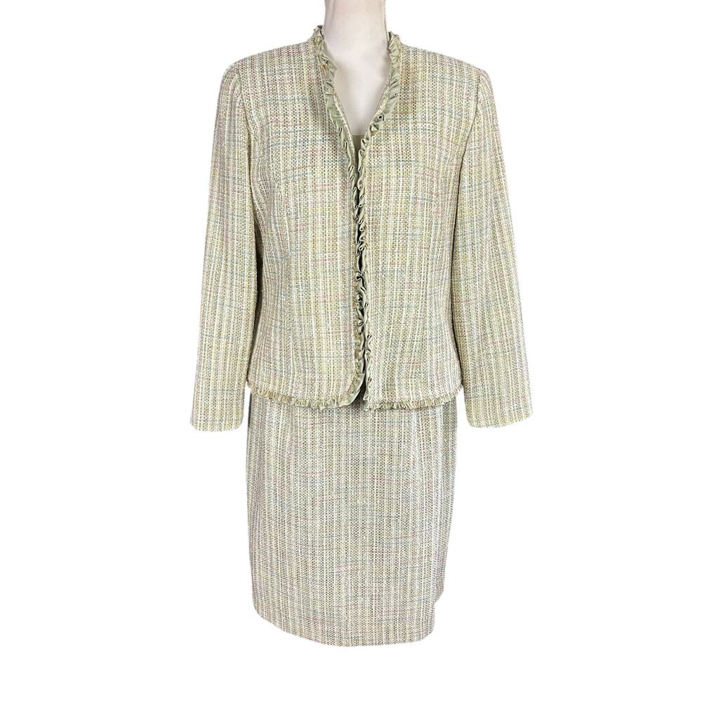 Positive Attitude Tweed 3 Pc Skirt Suit Women Petite Size 14 Light Green Classic